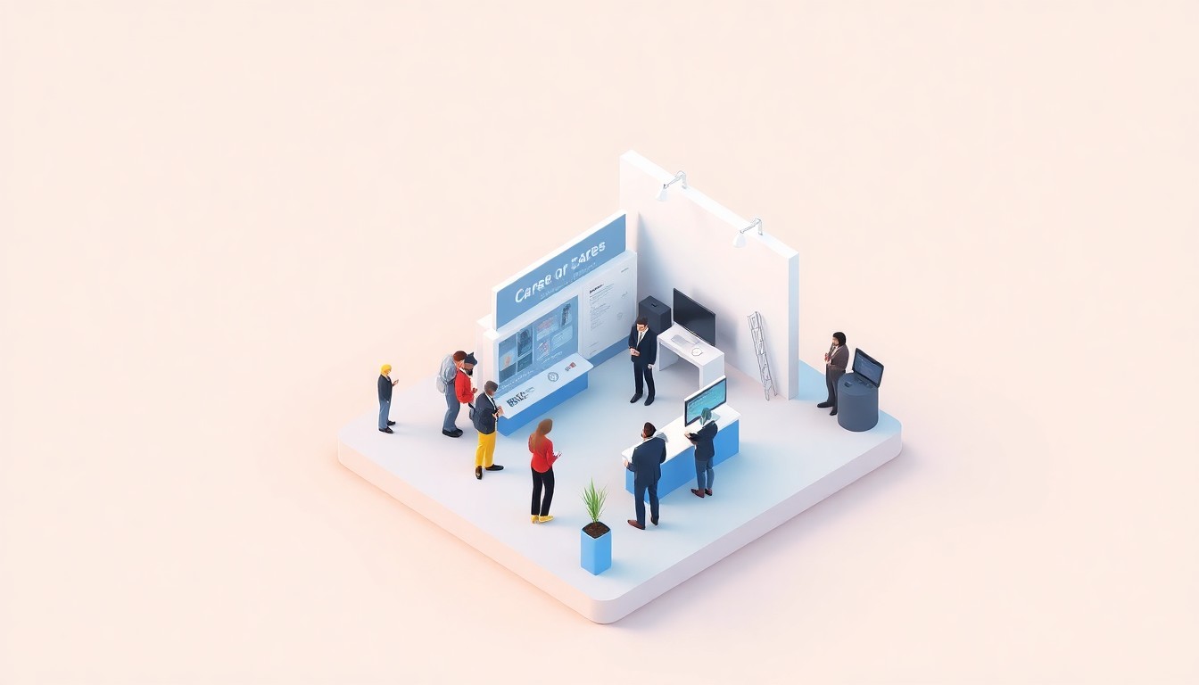 A stylized 3D digital illustration depicting a miniature career fair booth with job seekers and employers interacting, representing the collaborative regional effort to connect people with high-demand careers.