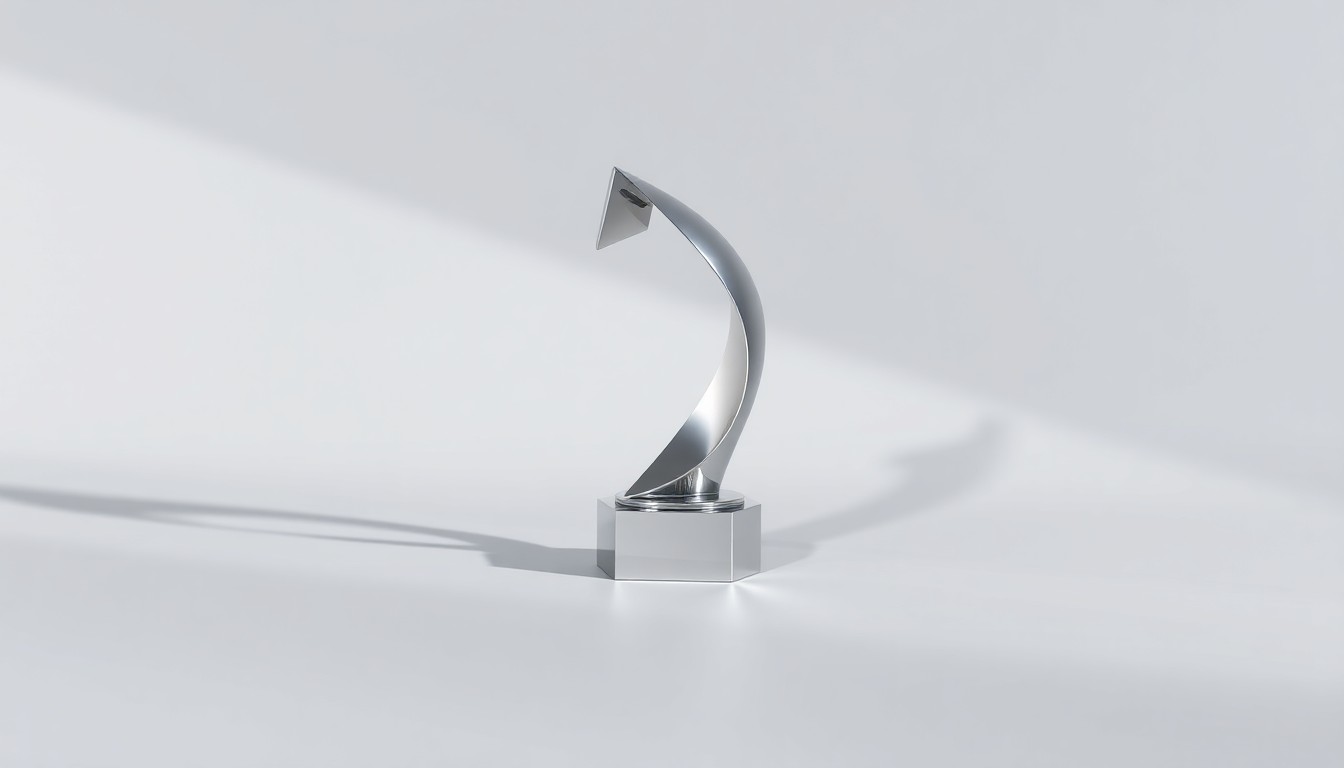 A highly detailed, photorealistic studio still-life image of a polished, geometric metal sculpture or abstract corporate trophy, dramatically lit against a clean, monochromatic background to conceptually represent the financial performance and strategic positioning of a major hospitality company.