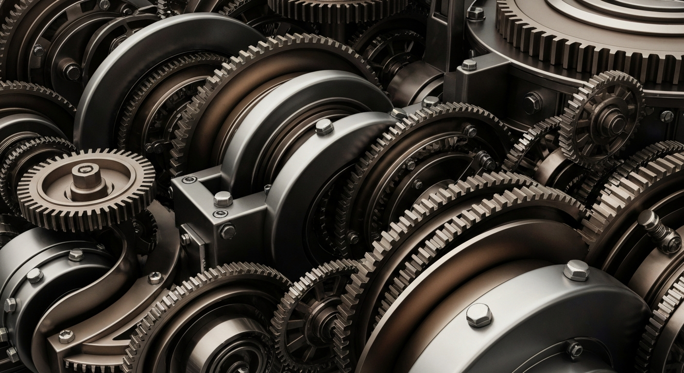 An extreme close-up of gleaming, intricately detailed industrial machinery and banking equipment, conveying a sense of institutional financial power and economic stability.