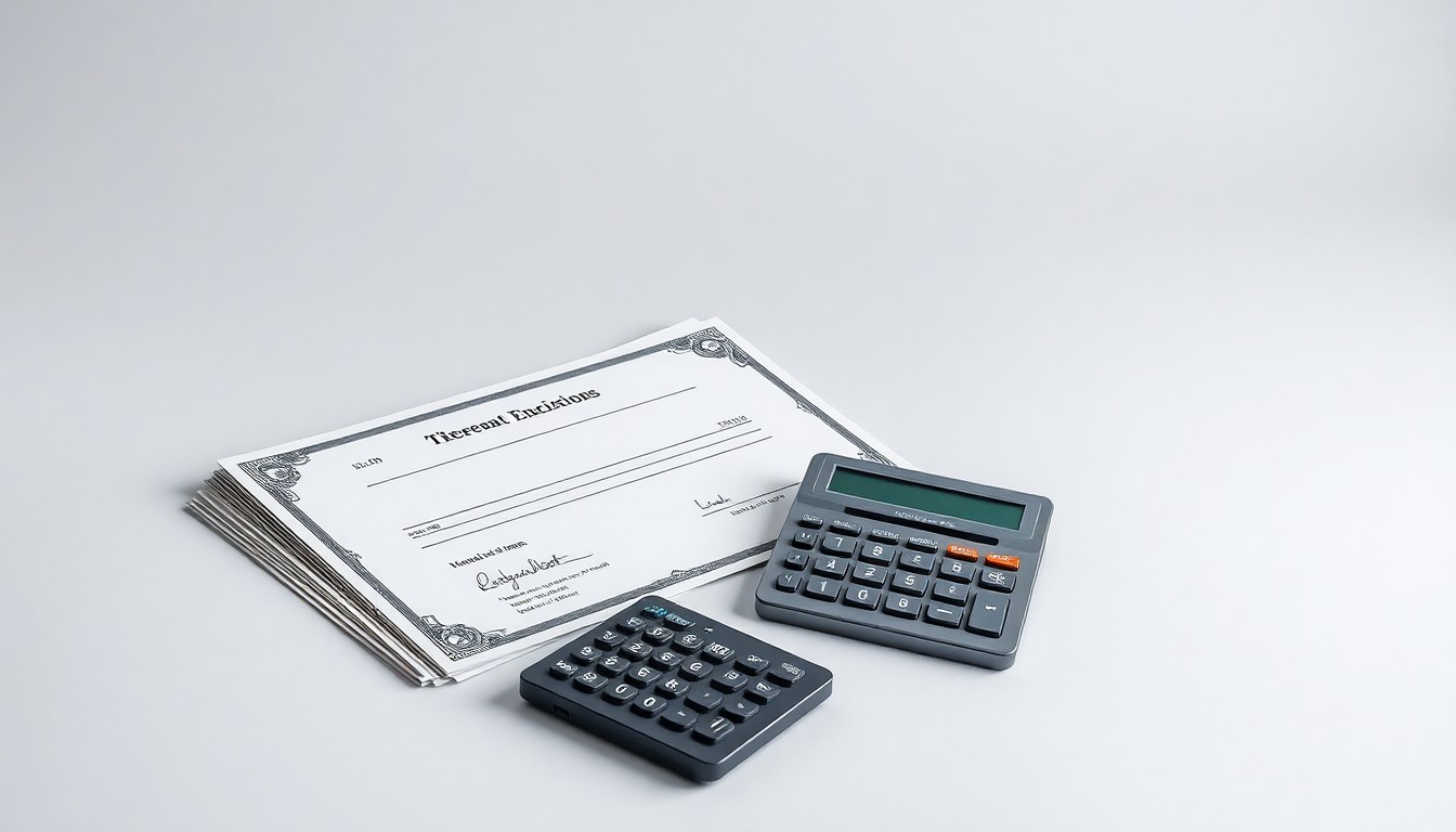 A photorealistic studio still life featuring a stack of stock certificates and a calculator on a clean, monochromatic background, conceptually representing the financial considerations behind a company's decision to reject an unsolicited buyout offer.