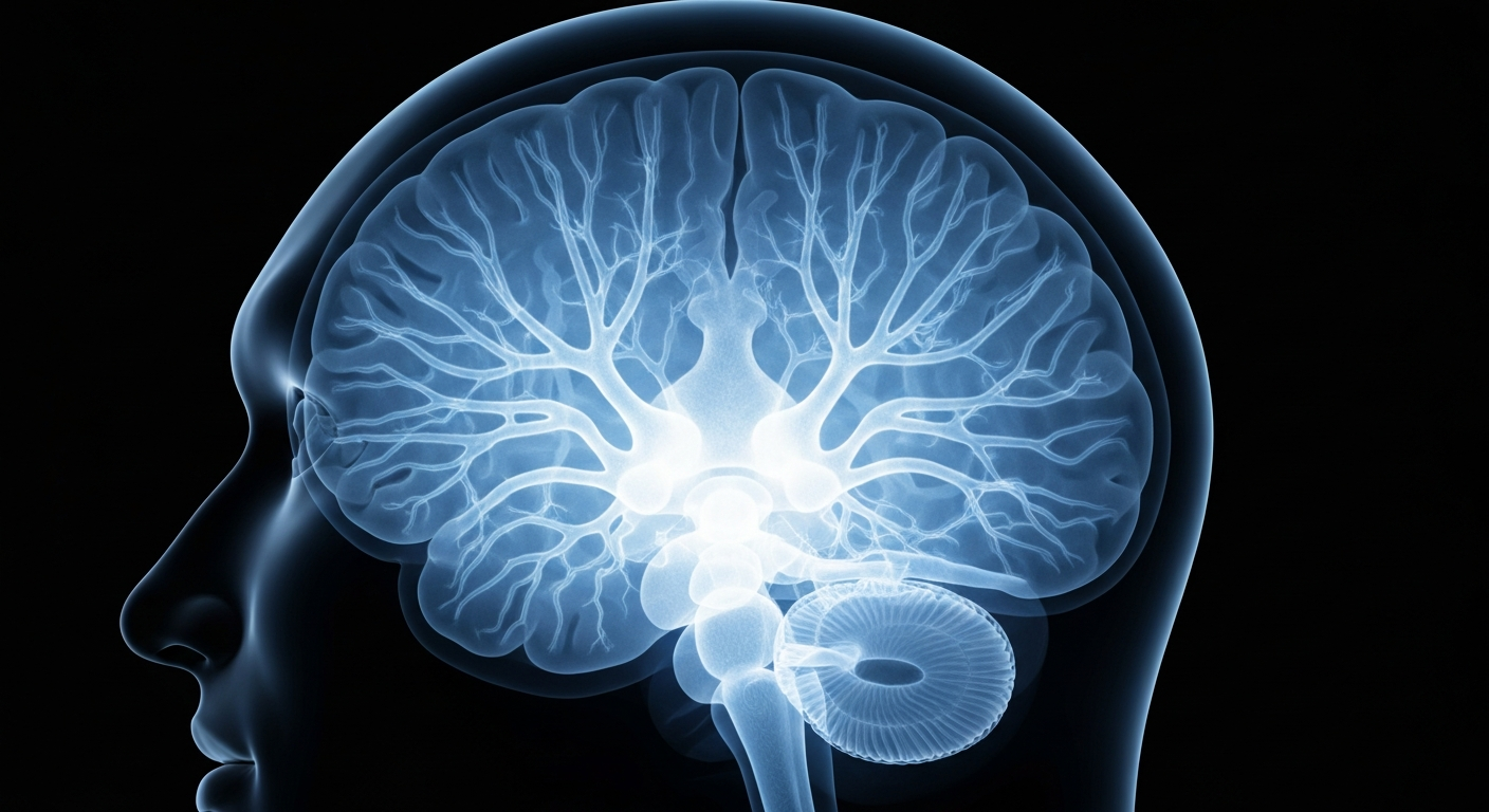 A ghostly, translucent X-ray image revealing the complex neural networks of the human brain, conceptually representing the innovative stem cell research targeting Parkinson's disease.