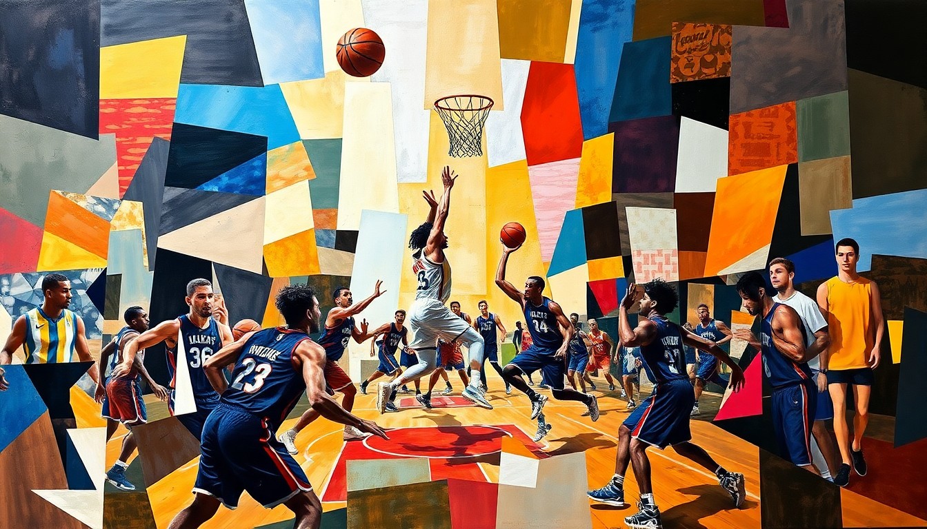 A fragmented, geometric painting in bold colors depicts the players and action of a basketball game, with their forms broken down into overlapping planes and shapes, conveying the intensity and complexity of the sport.