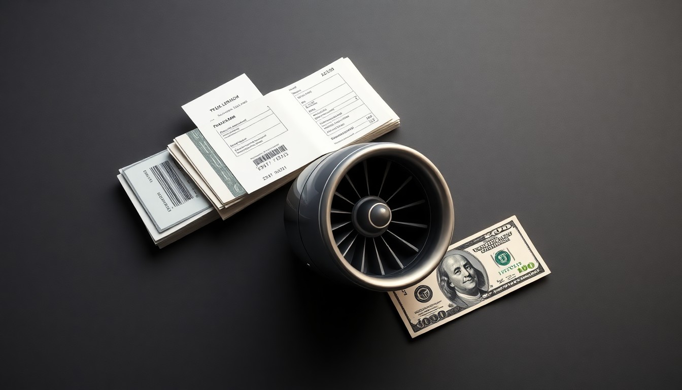 A minimalist studio still life photograph featuring a stack of airline fuel receipts, a jet engine turbine blade, and U.S. dollar bills arranged on a dark grey background, symbolizing the financial challenges facing the airline industry due to rising fuel costs.