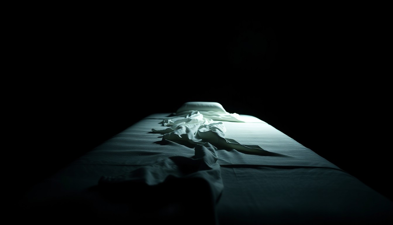 An extreme close-up photograph of a massage therapy table with crumpled sheets, lit by a harsh, direct camera flash against a pitch-black background, creating a stark, gritty, investigative aesthetic.