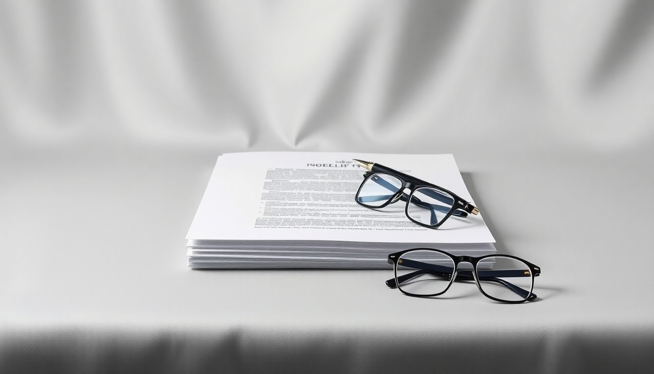 A minimalist studio still life featuring a stack of official documents, a pen, and a pair of reading glasses, symbolizing the abstract concepts of corporate governance and financial regulation.