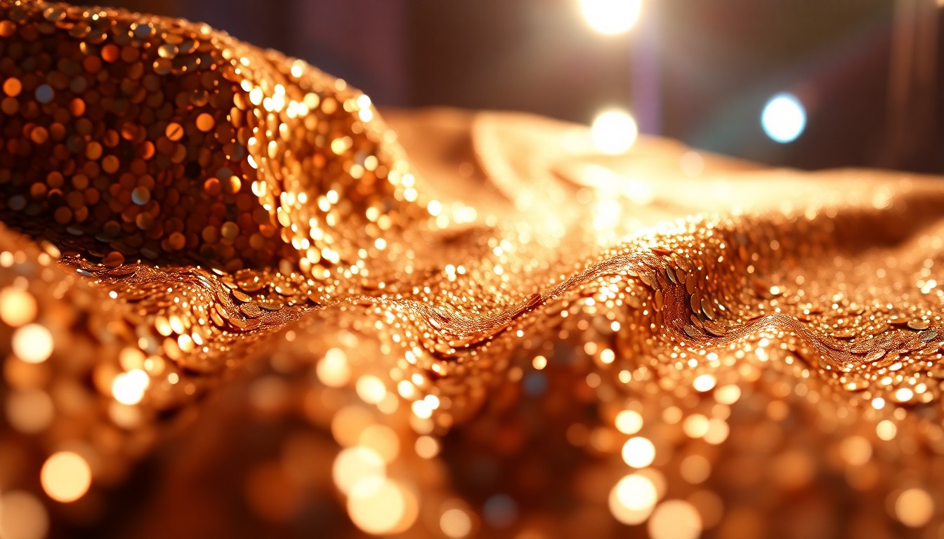 An abstract close-up image of shimmering, glittering textures in high-contrast studio lighting, evoking the glamour and style of a Hollywood press tour.