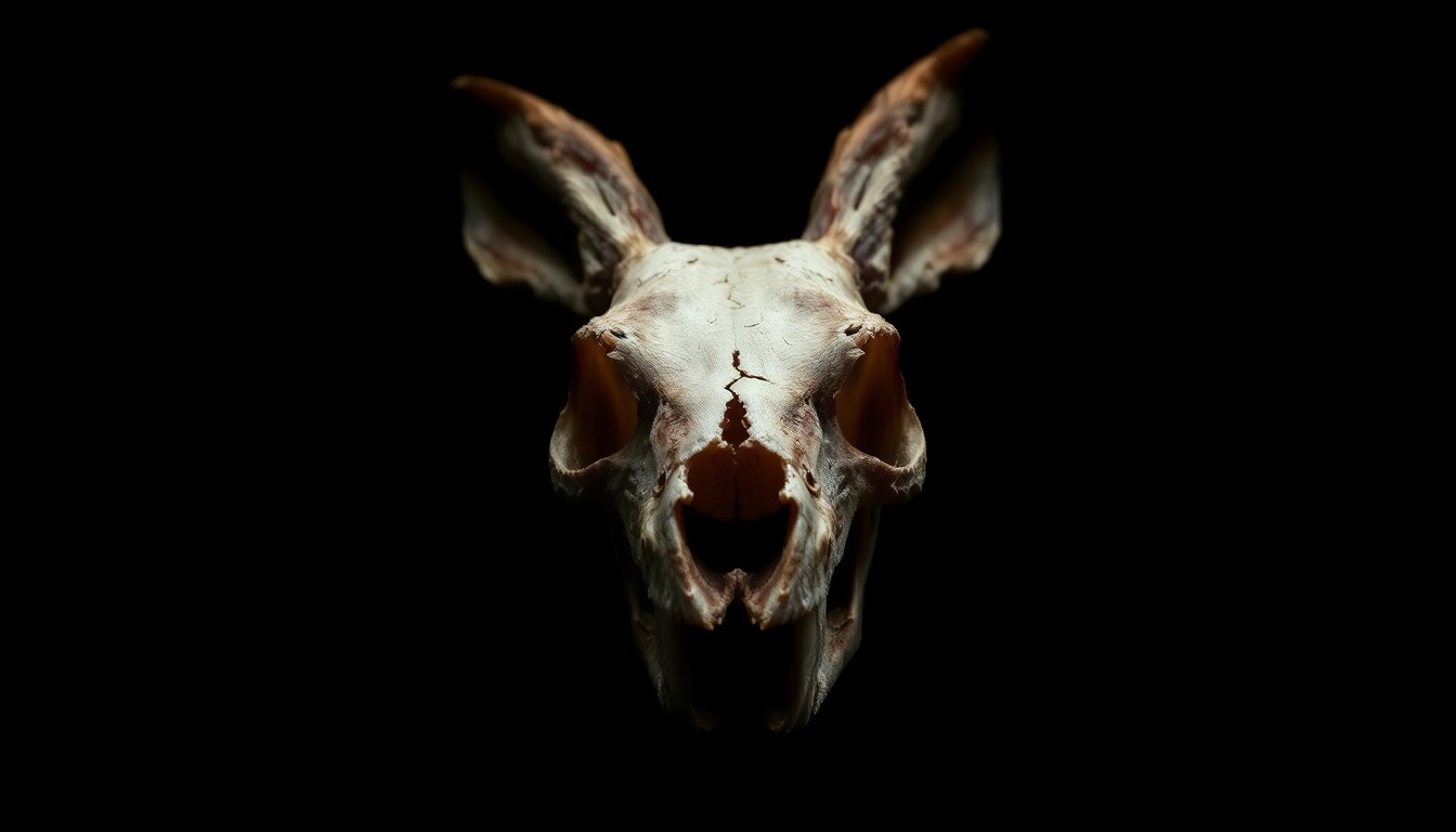 An extreme close-up photograph of a shattered rabbit's skull against a pitch-black background, conveying the violent nature of the alleged crime through the stark, dramatic lighting and intimate framing of the damaged evidence.