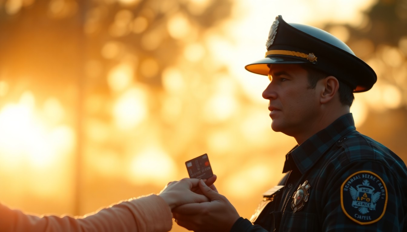 An abstract, hazy photograph of a police officer's hand extending a debit card to an anonymous person, with the background blurred into soft, warm light, conveying the compassionate spirit of the community assistance program.
