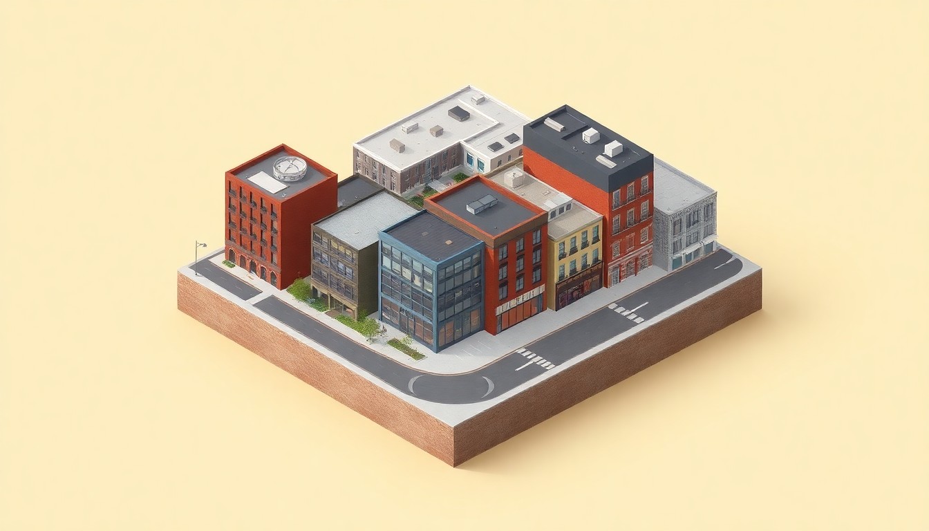 A miniature, stylized 3D digital illustration depicting the new residential buildings, hotel, and retail spaces of the Rock Row development in Westbrook, Maine, floating on a pastel background with soft lighting and smooth textures.