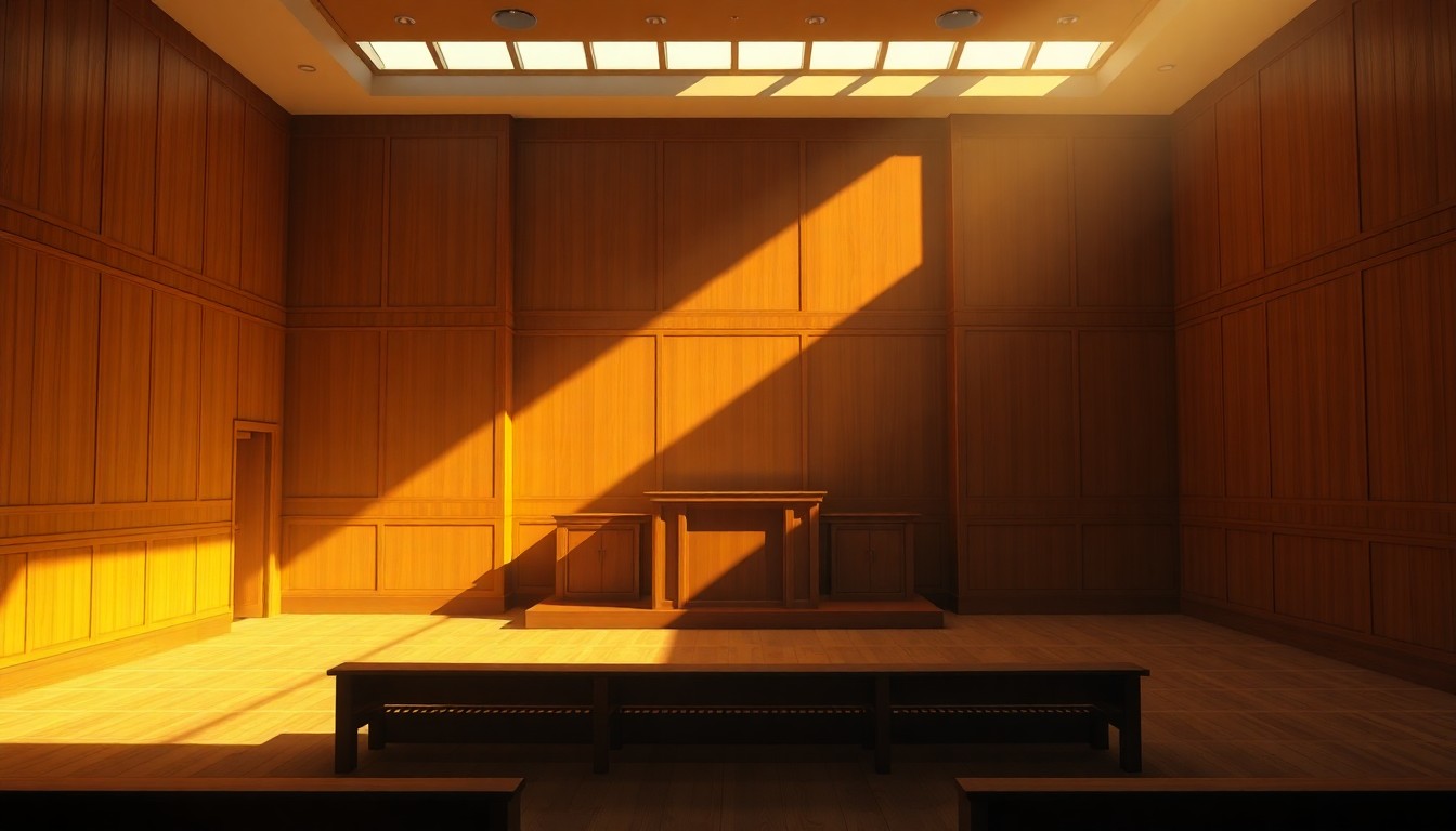 A quiet, cinematic painting of an empty courtroom with warm, diagonal sunlight and deep shadows, conveying the solemnity and importance of the judicial process.