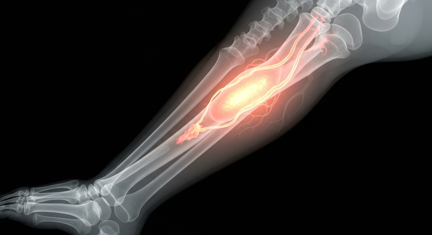 A ghostly, translucent X-ray photograph showing the internal structure of a human leg, with a large, glowing blood clot visible winding through the veins, conceptually illustrating the medical emergency Perez Hilton faced.