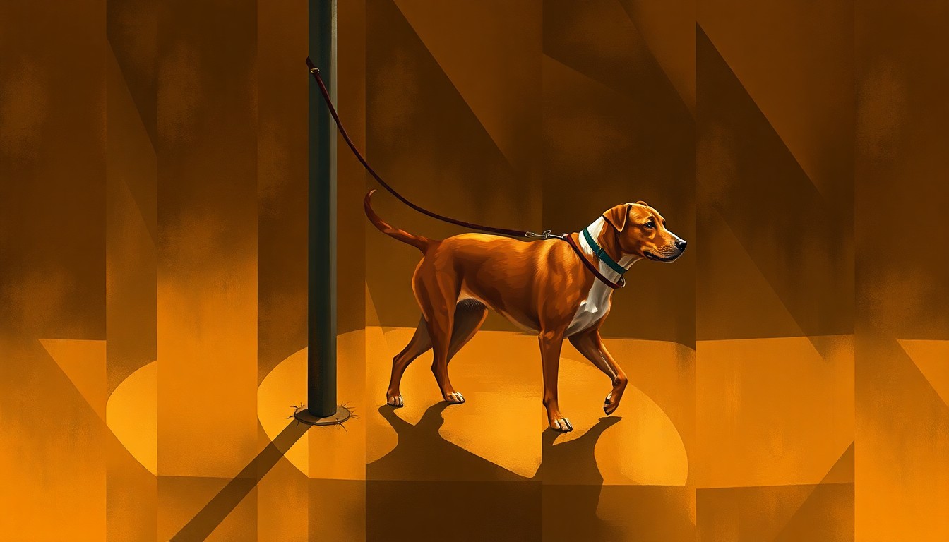 A conceptual illustration featuring overlapping, fractured geometric shapes in warm earth tones, depicting a dog tethered to a pole, conveying the tension and motion surrounding the new legislation on dog tethering in Alabama.