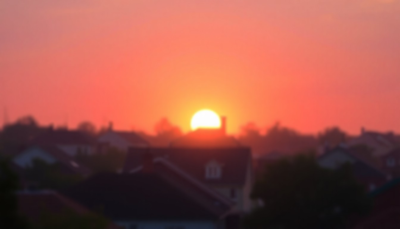 An abstract, impressionistic photograph of a residential neighborhood at sunset, with a single house in the center obscured by a warm, hazy glow of light, conceptually representing the dangers of home roof repair work.