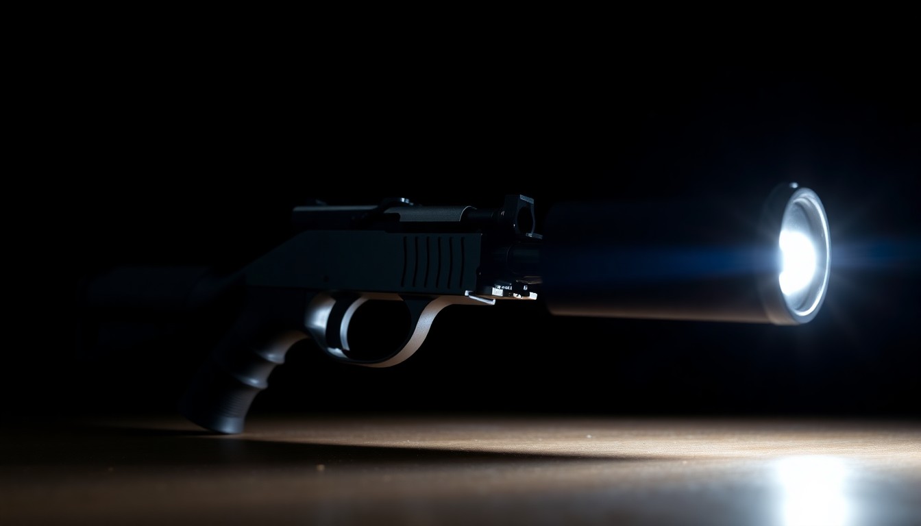 An extreme close-up photograph of a complex metal mechanism, partially obscured by shadows, with a faint red light reflecting off the surface, conceptually representing the averted violence of a school shooting incident.