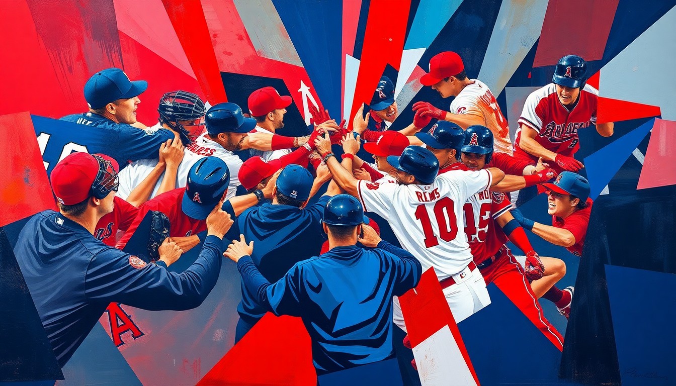 An abstract, geometric painting in vibrant blues, reds, and whites, breaking down the physical movements and energy of a bench-clearing baseball brawl into sharp, overlapping planes and shapes.