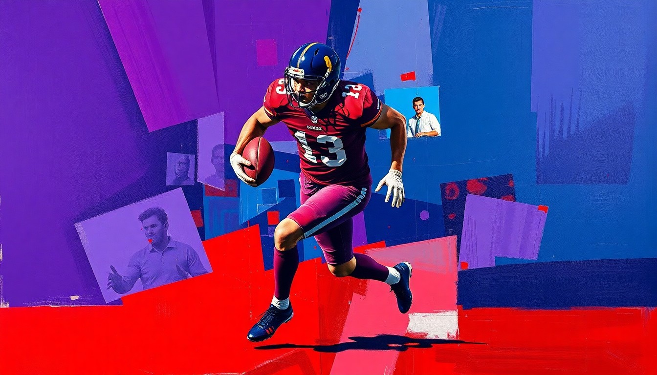 A fragmented, geometric painting depicting a football player in motion, with sharp planes of deep purple, navy blue, and crimson red conveying the explosive energy of the sport.
