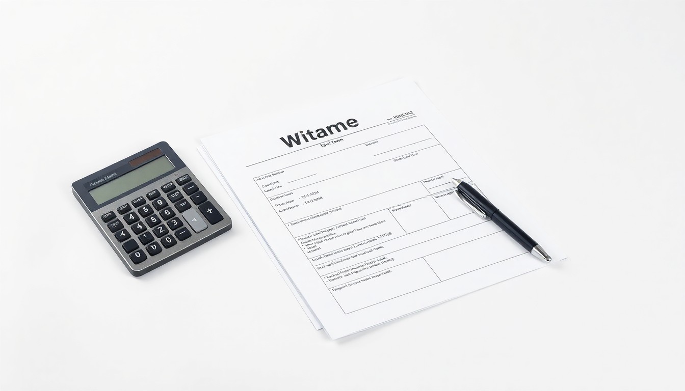 A photorealistic studio still life featuring a stack of W-2 tax forms, a calculator, and a pen arranged on a clean white background, symbolizing the corporate responsibility to provide workers with crucial tax documents.