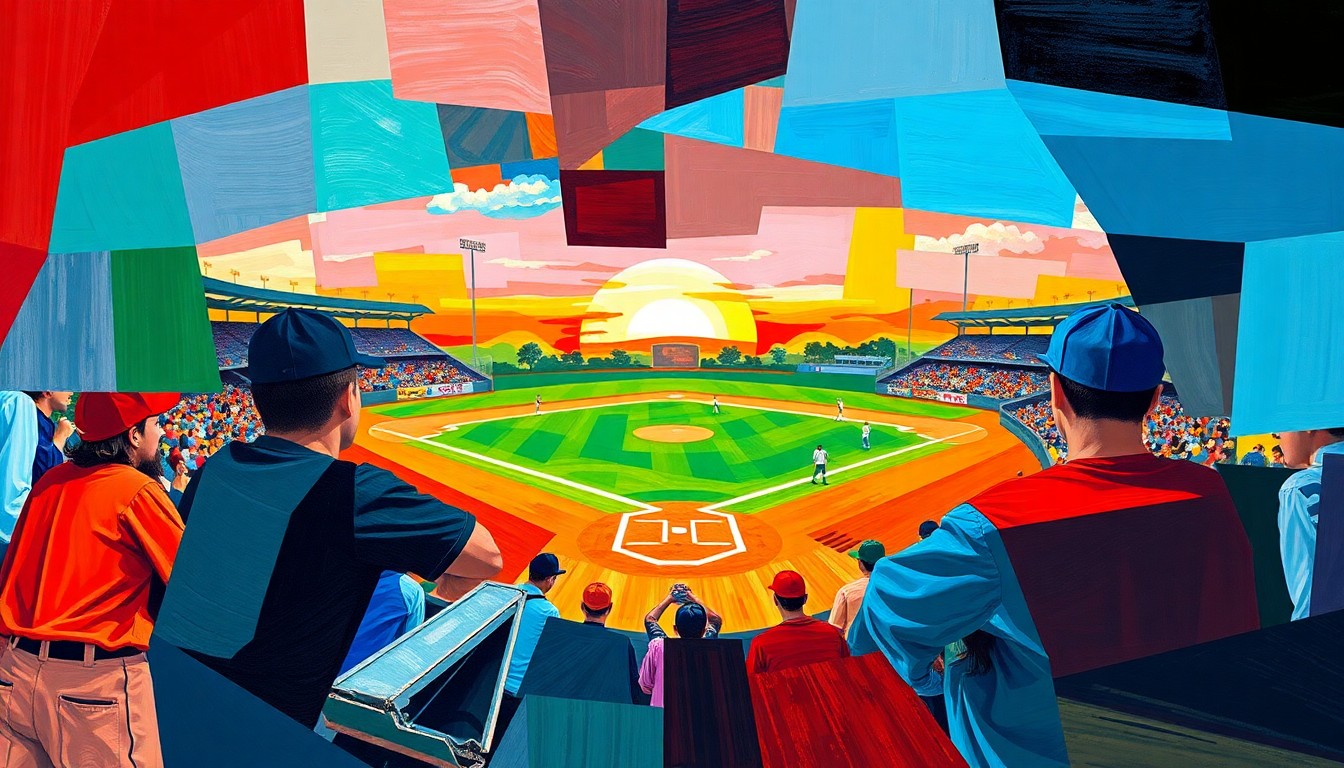 A cubist, geometric painting featuring overlapping planes of bright blue, red, and green colors, conceptually representing the dynamic action and energy of a high school baseball game.