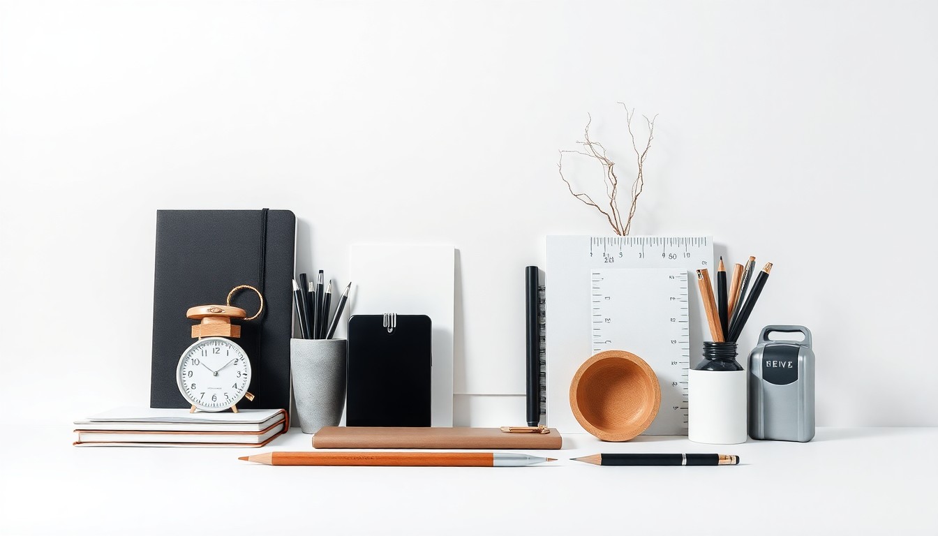 A high-end, photorealistic studio still-life featuring a collection of premium office supplies and productivity tools arranged elegantly on a clean, monochromatic background, conceptually representing the focus on corporate strategy and workplace performance.