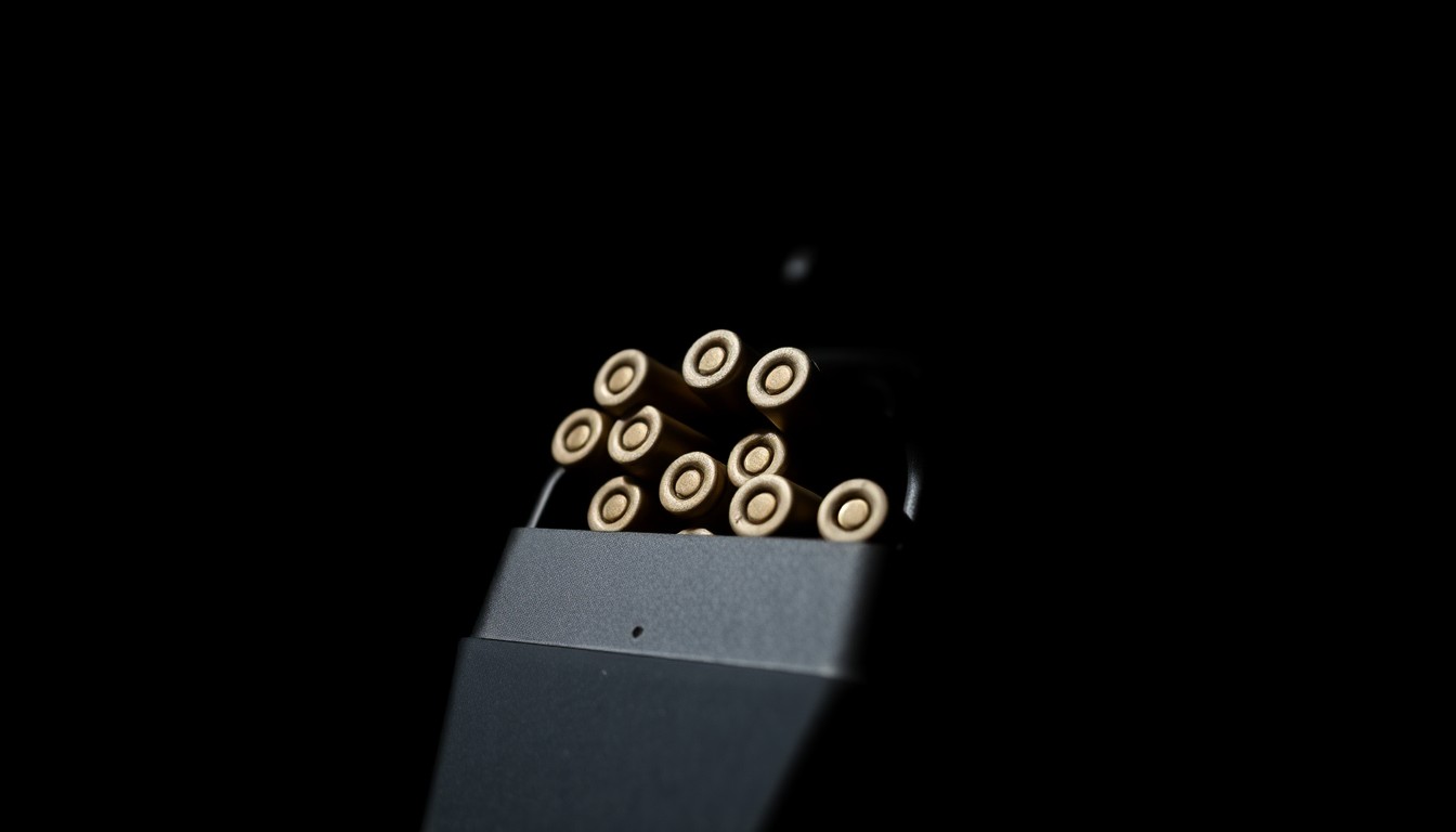 An extreme close-up photograph of a handgun magazine loaded with ammunition, lit by a harsh, direct camera flash against a pitch-black background, creating a stark, gritty, investigative aesthetic.