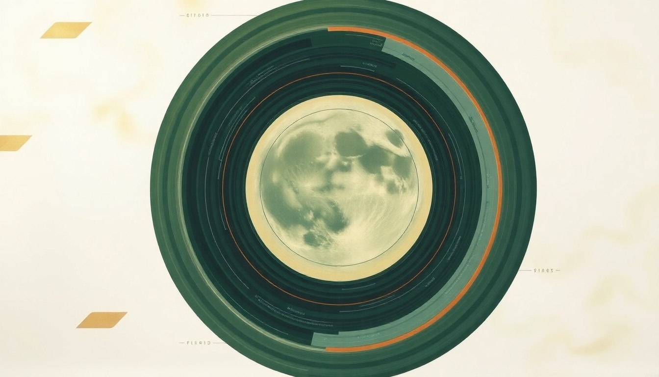 An abstract, geometric painting in earthy tones of green, blue, and orange, depicting sweeping arcs and concentric circles that represent the Artemis II mission's trajectory around the Moon, conveying the structural order and beauty of space exploration.