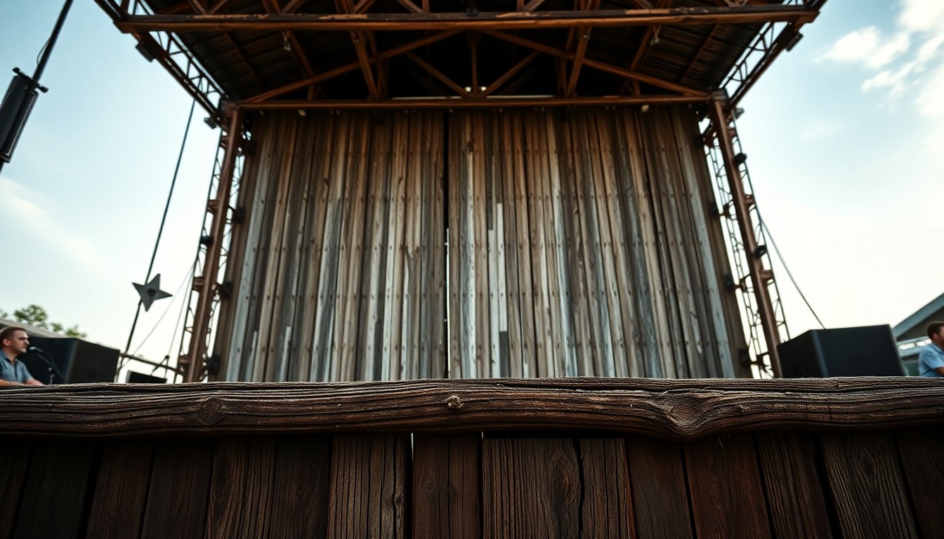 An extreme close-up photograph of a weathered, textured wooden stage, capturing the rugged, rustic charm of a Texas Hill Country music festival through dramatic, high-contrast studio lighting.