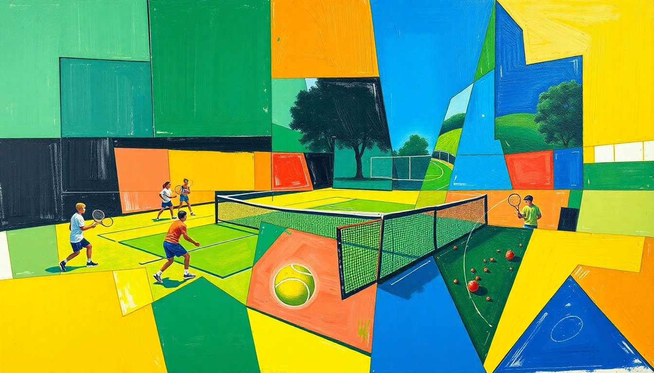 A cubist, geometric painting depicting a high school tennis match, with the court, players, and ball broken down into sharp, overlapping planes of deep green, bright yellow, and royal blue.