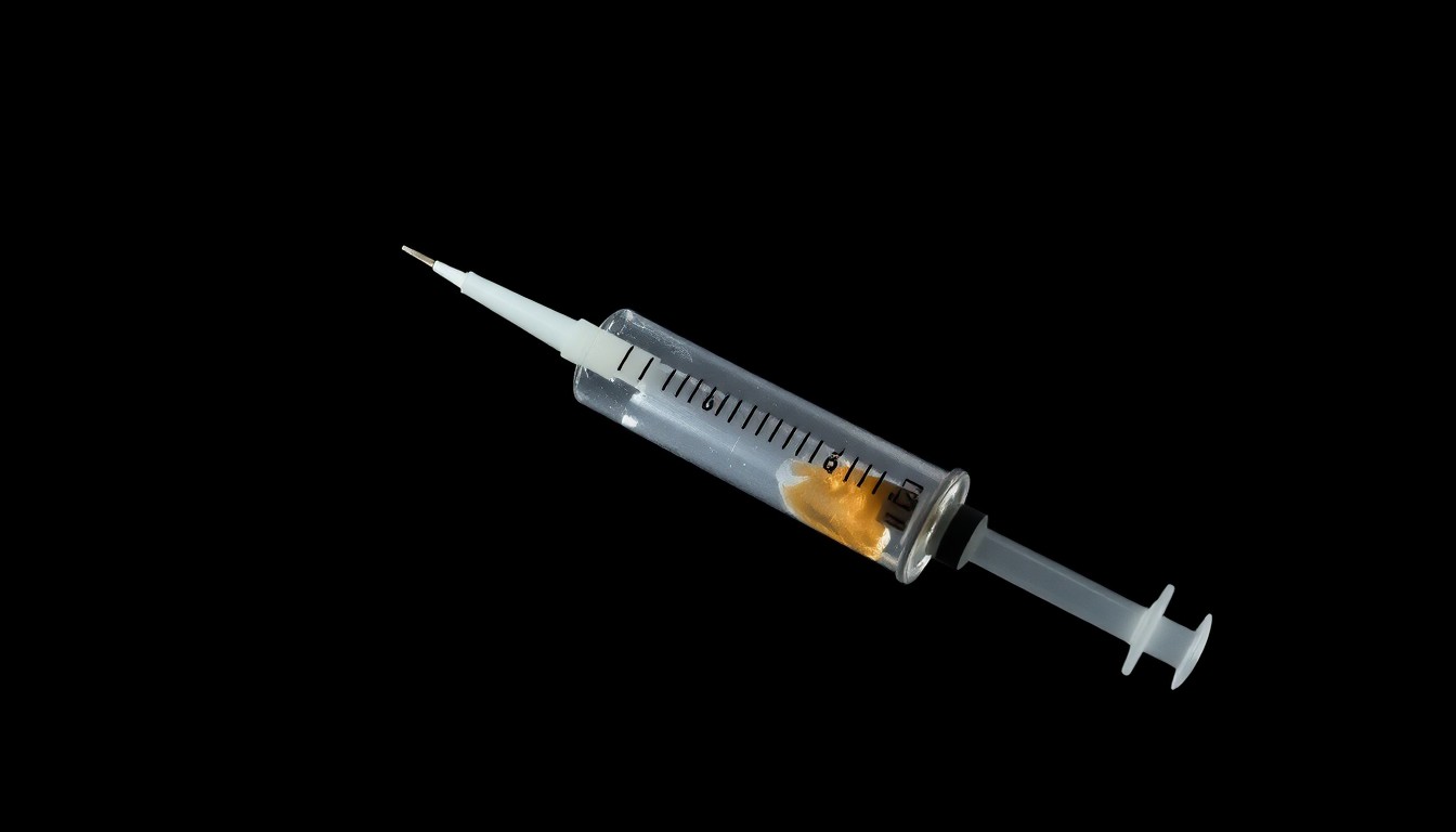 An extreme close-up photograph of a used syringe, the metal needle and glass barrel reflecting the harsh light of the camera flash, conceptually illustrating the devastating impact of the opioid epidemic.