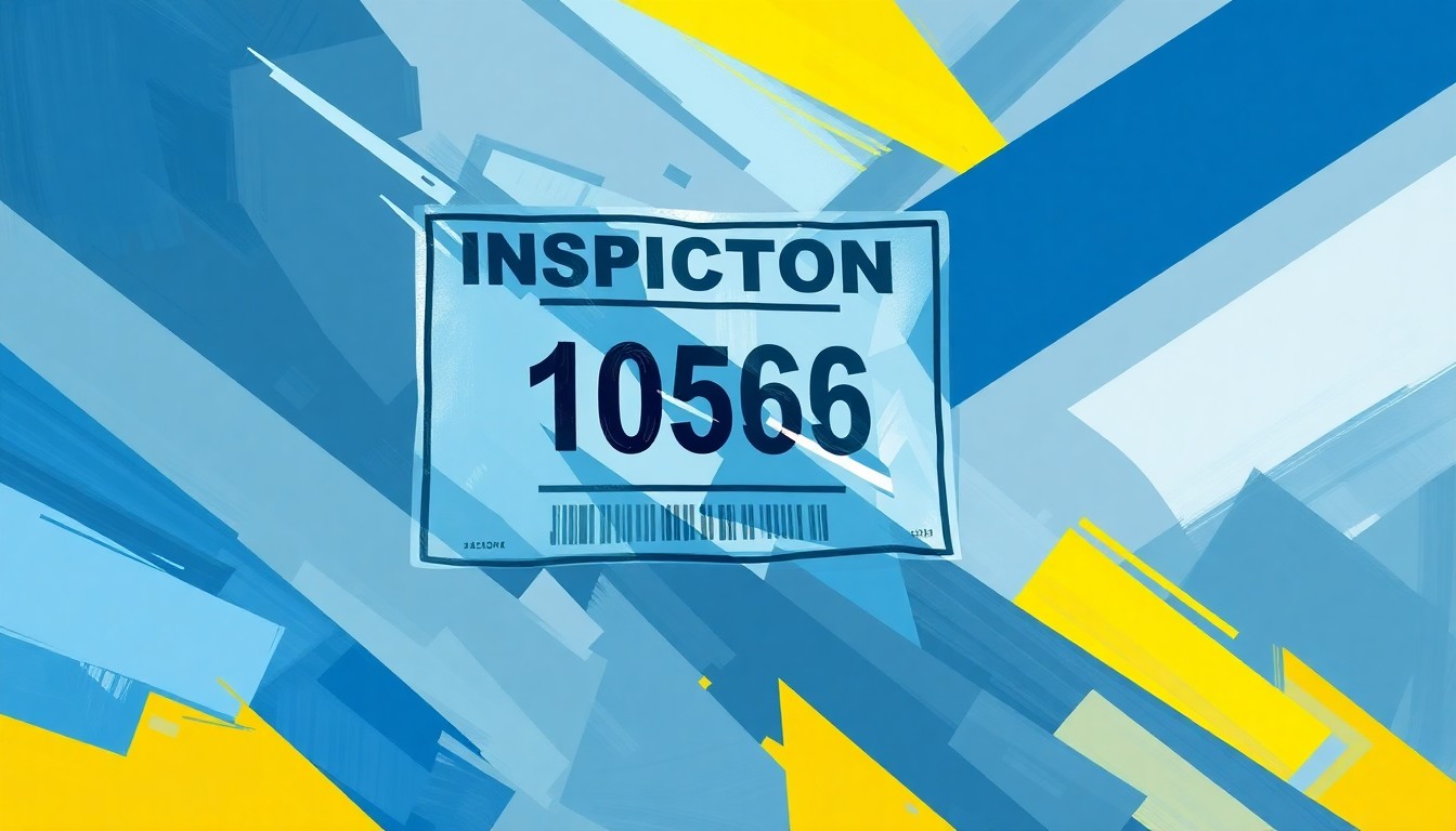 A vibrant, abstract painting of a car inspection sticker in shades of blue, grey, and yellow, with overlapping, fractured geometric shapes conveying a sense of motion and change.