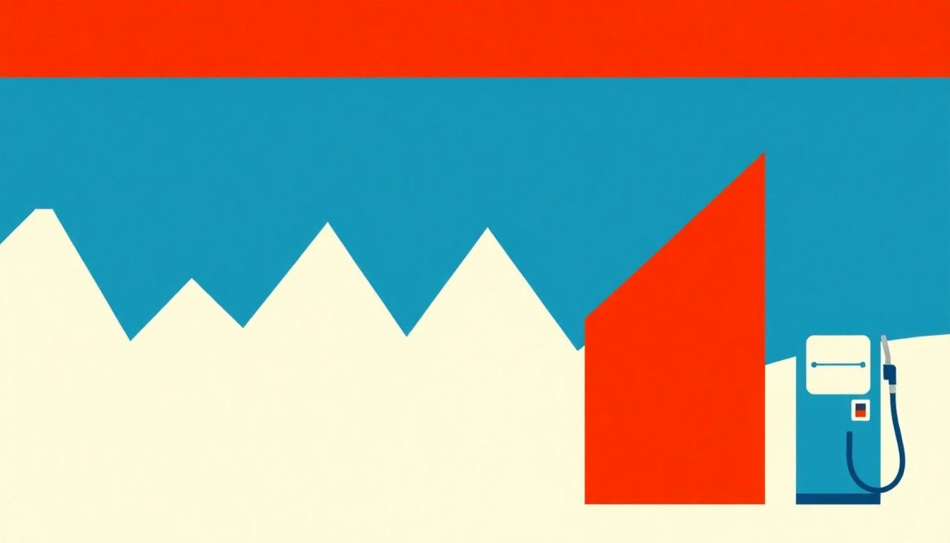 A geometric abstract illustration using bold shapes and primary colors to conceptually represent the rising cost of gasoline and its economic impact on Idaho residents.