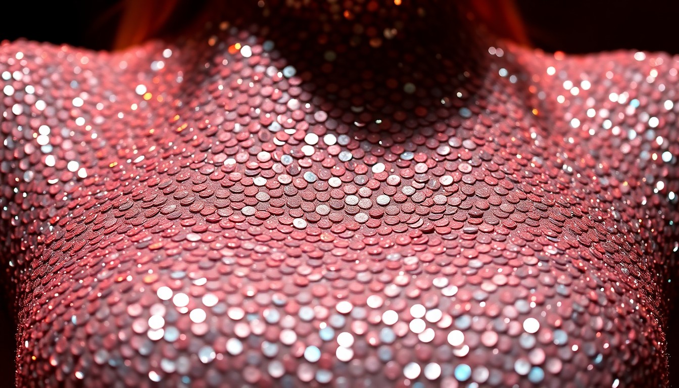 An extreme close-up photograph of the intricate pattern of gold, bronze, and silver sequins on a sheer fabric, creating a glittering, high-contrast texture that evokes a sense of red-carpet glamour.