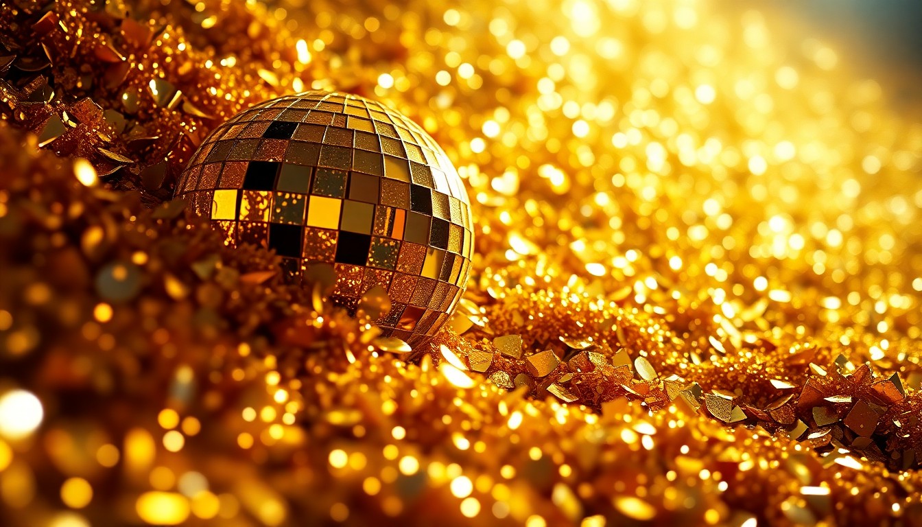An extreme close-up photograph of shimmering gold sequins and glittering disco ball fragments, creating an abstract, high-contrast, high-fashion aesthetic that evokes the energy and glamour of a major music festival.