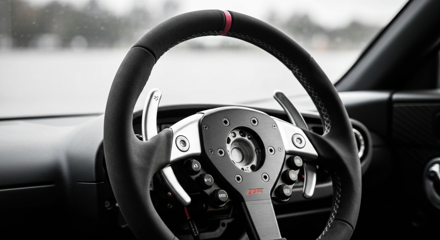 An extreme close-up photograph of the textured, pebbled surface of a Formula 1 steering wheel, capturing the raw materials and engineering that power the sport.