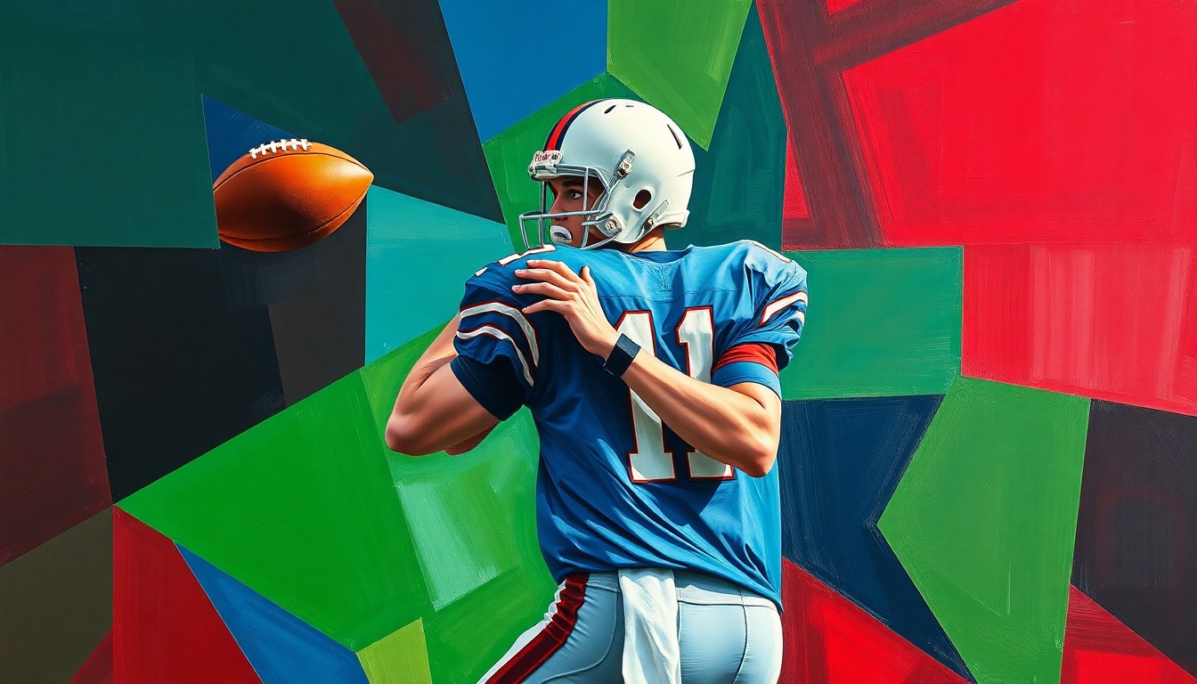 A cubist, geometric painting depicting a high school quarterback in the act of dropping back to pass, with the figure broken into sharp, overlapping planes of color in a dynamic, multi-perspective composition.