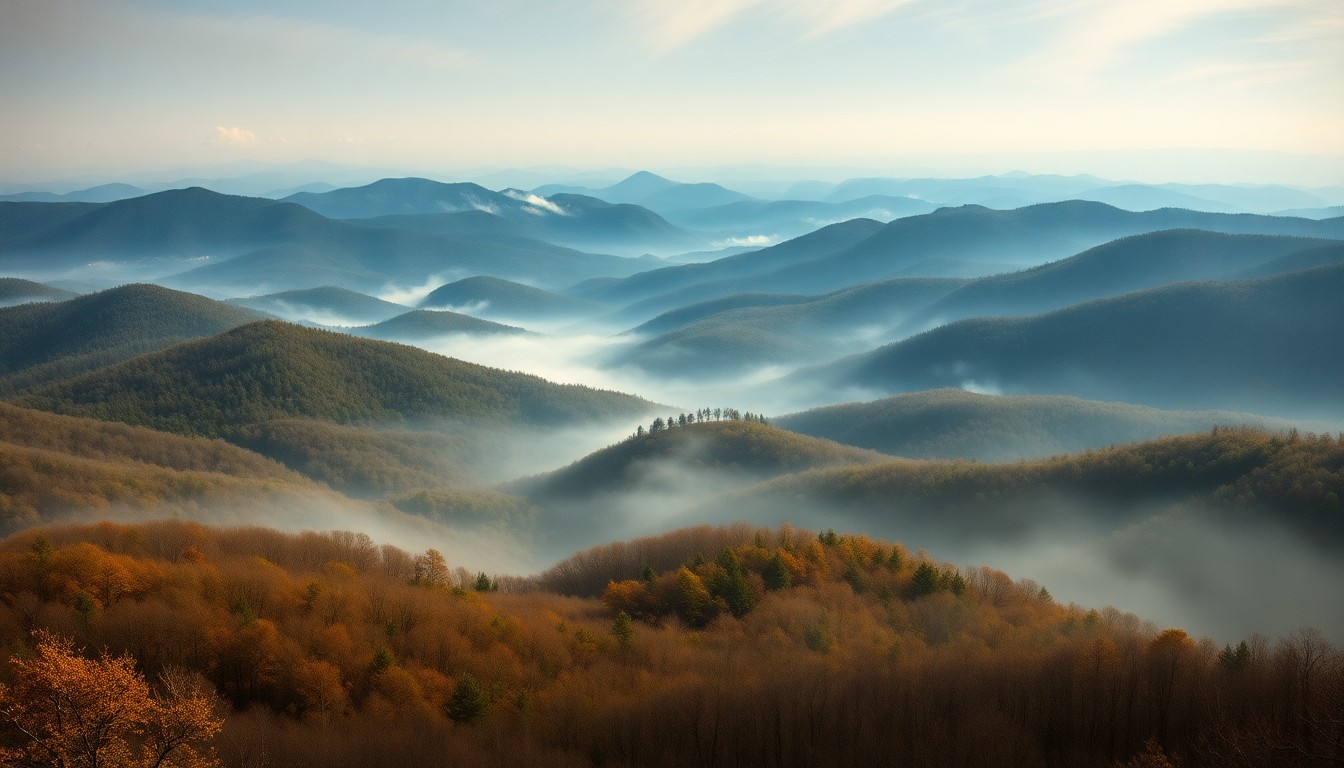 A sweeping, atmospheric landscape painting in muted tones of gray, blue, and green, depicting the rolling, forested hills of Bays Mountain Park obscured by a hazy veil of smoke, conveying the scale and power of the natural environment.