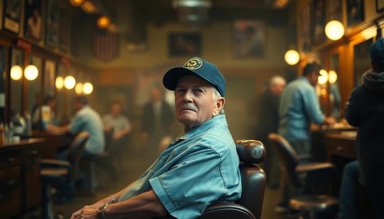 An extremely abstracted, out-of-focus photograph of a veteran sitting in a barber's chair, surrounded by blurred images of other veterans and barbers in a warm, intimate setting, capturing the sense of community and shared experience at the 'Haircuts for Heroes' event.