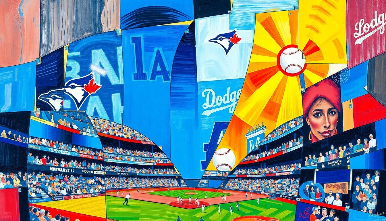 A fractured, cubist-style painting depicting a baseball game between the Toronto Blue Jays and Los Angeles Dodgers, with sharp geometric shapes and planes of vibrant blue, red, and other colors.