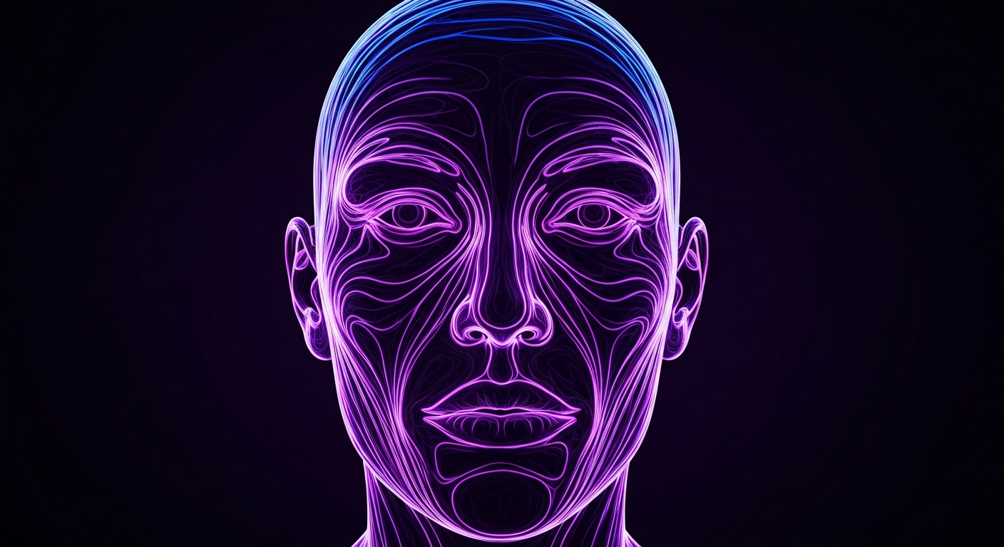 A glowing, neon outline of a human face composed entirely of vibrant, pulsing lines against a dark background, conceptually representing the internal energy and structure of the skin.