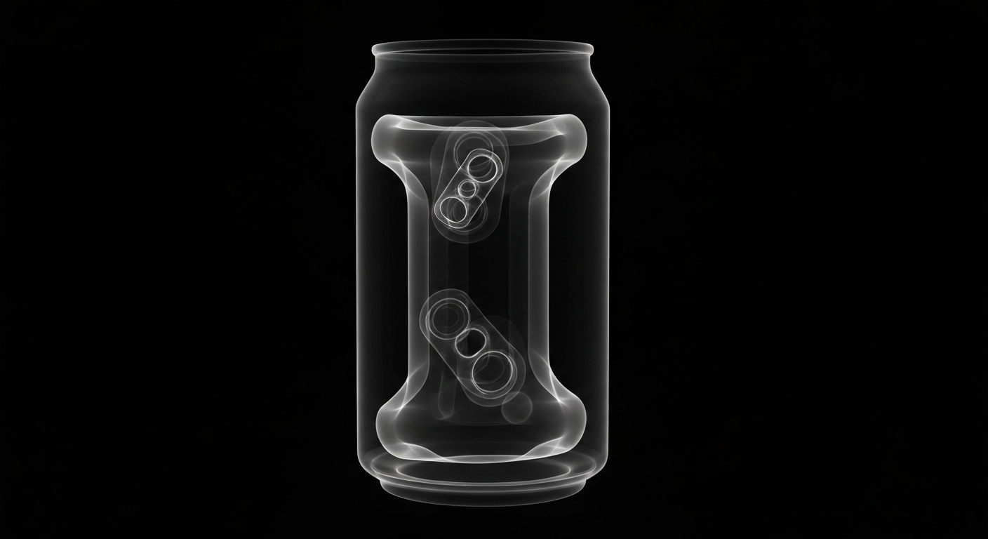An extreme close-up X-ray photograph showing the intricate internal components of an energy drink can as a ghostly, glowing outline against a dark background, conceptually illustrating the hidden dangers within.