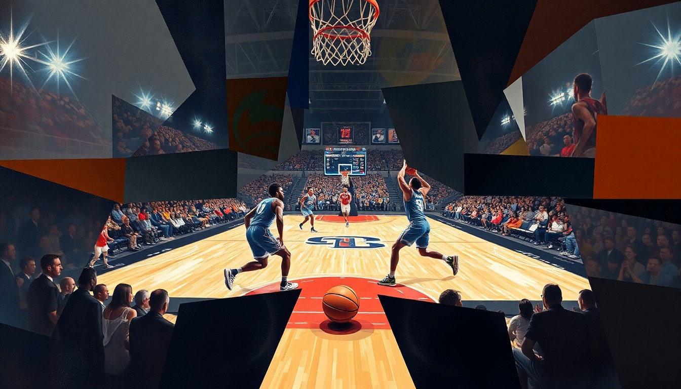 A cubist, geometric painting depicting a fragmented college basketball game, with players' bodies and the ball reduced to abstract shapes and planes of color against a fading court and arena background.