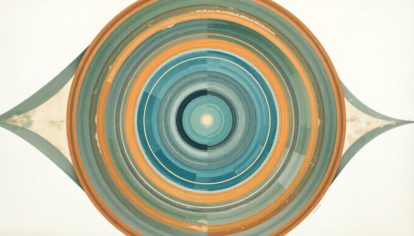 A bold, highly structured abstract painting featuring sweeping geometric arcs, concentric planetary circles, and precise botanical spirals in soft, earthy tones of blue, green, and orange against a clean white background, conceptually representing San Diego's multifaceted role in the history of space exploration.