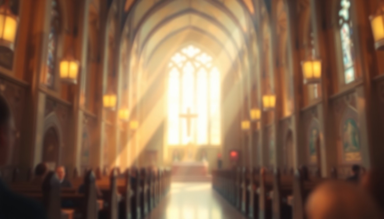 An extremely abstracted, out-of-focus photograph shot through condensation or rain-streaked glass, composed of warm, blurred pools of light and color evoking the spiritual atmosphere of a church interior.