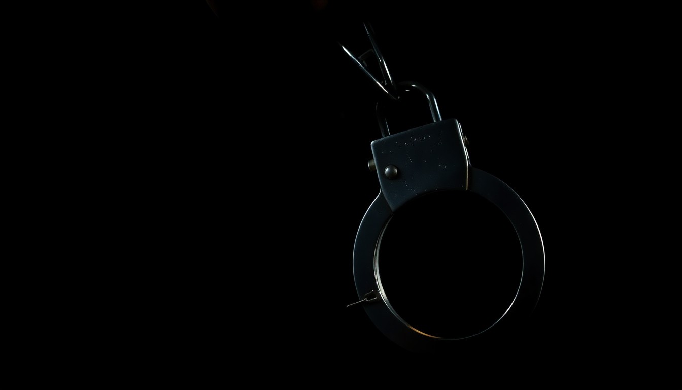 An extreme close-up photograph of a metal handcuff lock, dramatically lit by a harsh camera flash against a pitch-black background, conceptually representing the arrest of a criminal alien fugitive.