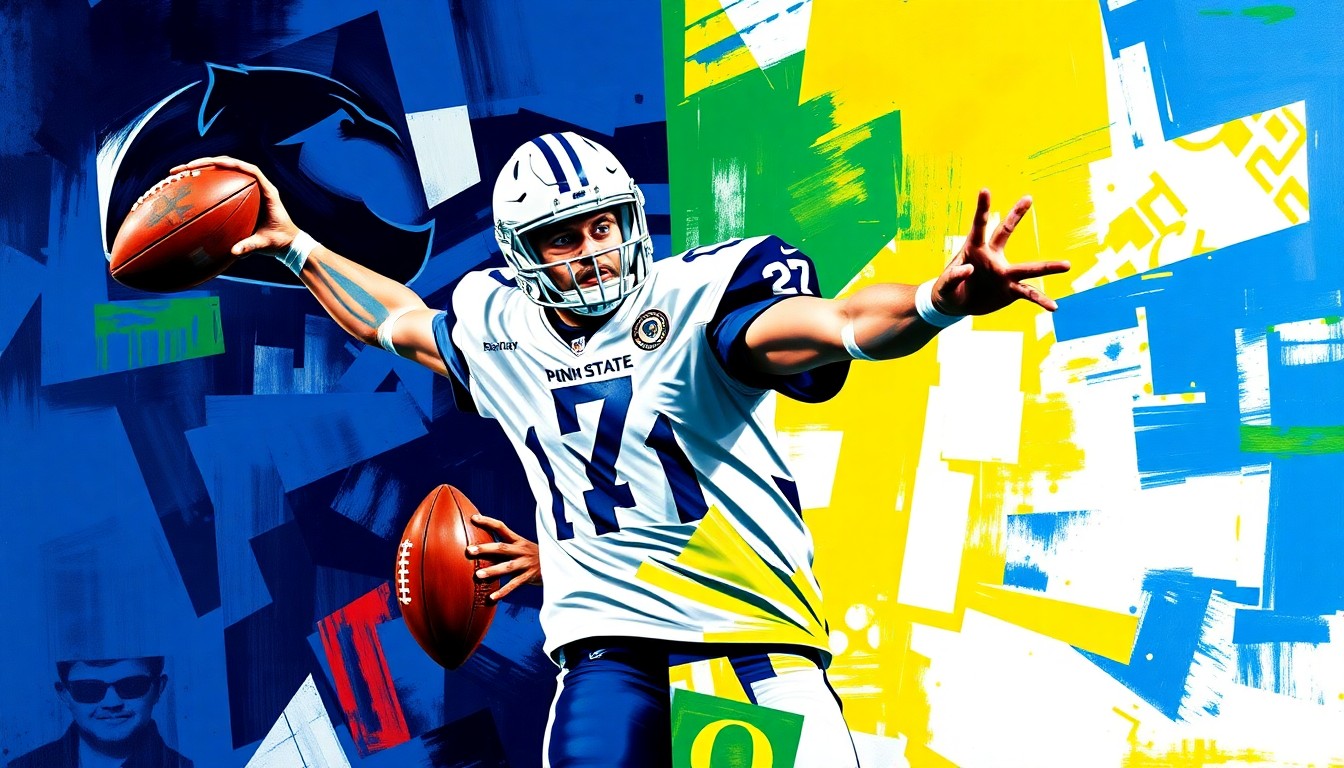 A fragmented, geometric painting depicting a quarterback in motion, with sharp planes of blue, white, green, and yellow representing the competing schools vying for his talents.