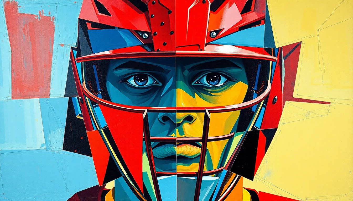 A cubist-style painting featuring fragmented, overlapping geometric shapes in shades of red, blue, and green, representing the catcher's gear and equipment in an abstract, deconstructed manner.