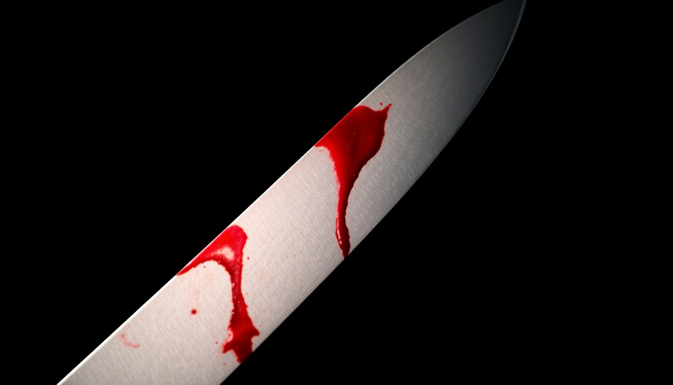 An extreme close-up of a bloodied knife blade, the harsh lighting and dark background creating a stark, gritty, investigative aesthetic that conceptually represents the violence of the crime.