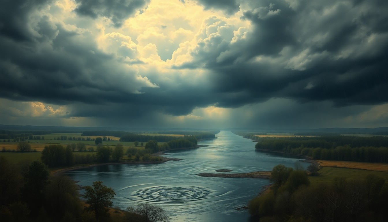 A sweeping, atmospheric landscape painting in muted tones of gray, blue, and green, depicting a rain-swollen river winding through a rural Midwestern setting, with the water and its banks dwarfed by the dramatic, turbulent clouds overhead.