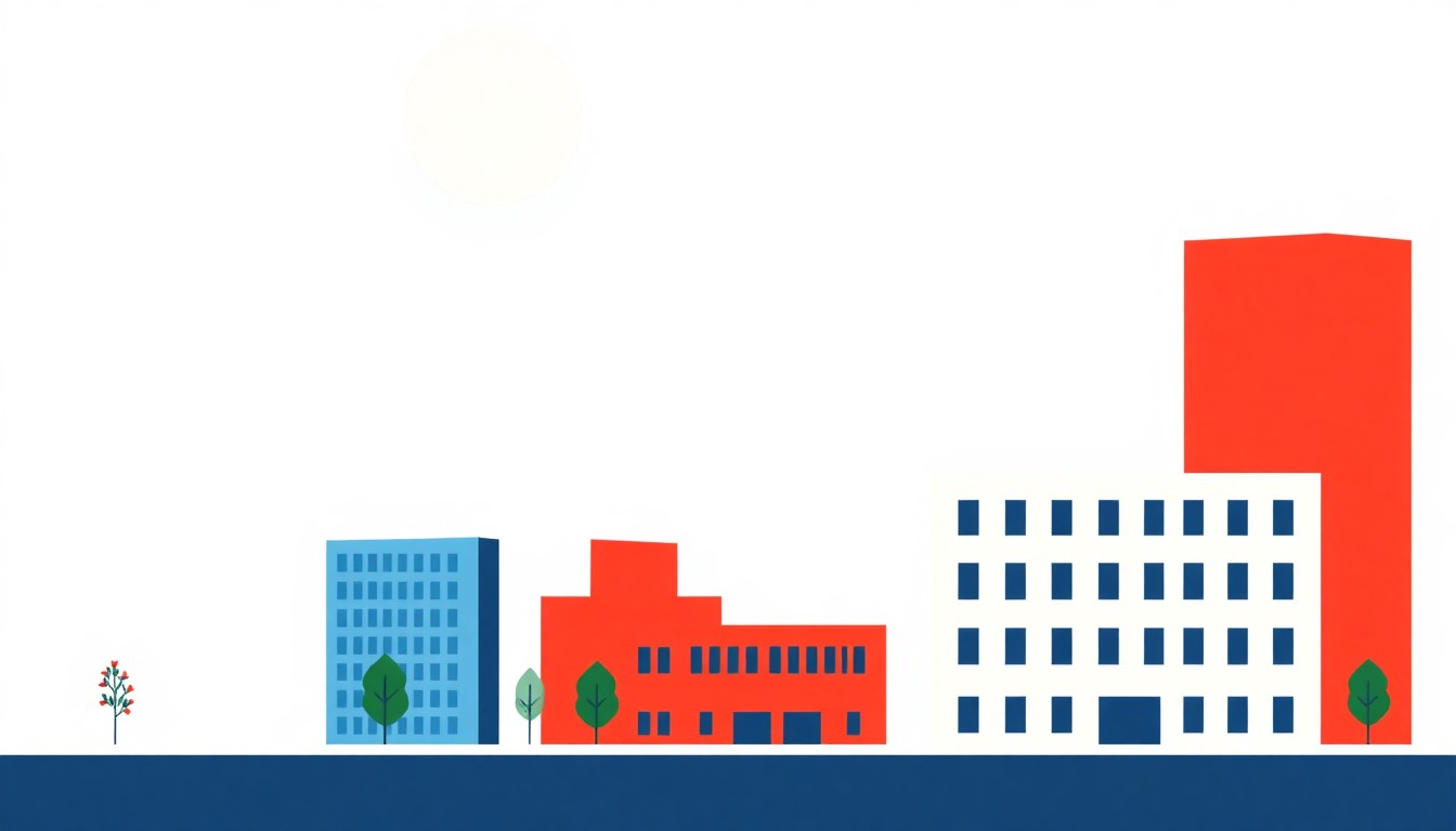 A geometric abstract illustration featuring overlapping triangles and circles in shades of blue, red, and yellow, conceptually representing a city's financial reserves and budget challenges.