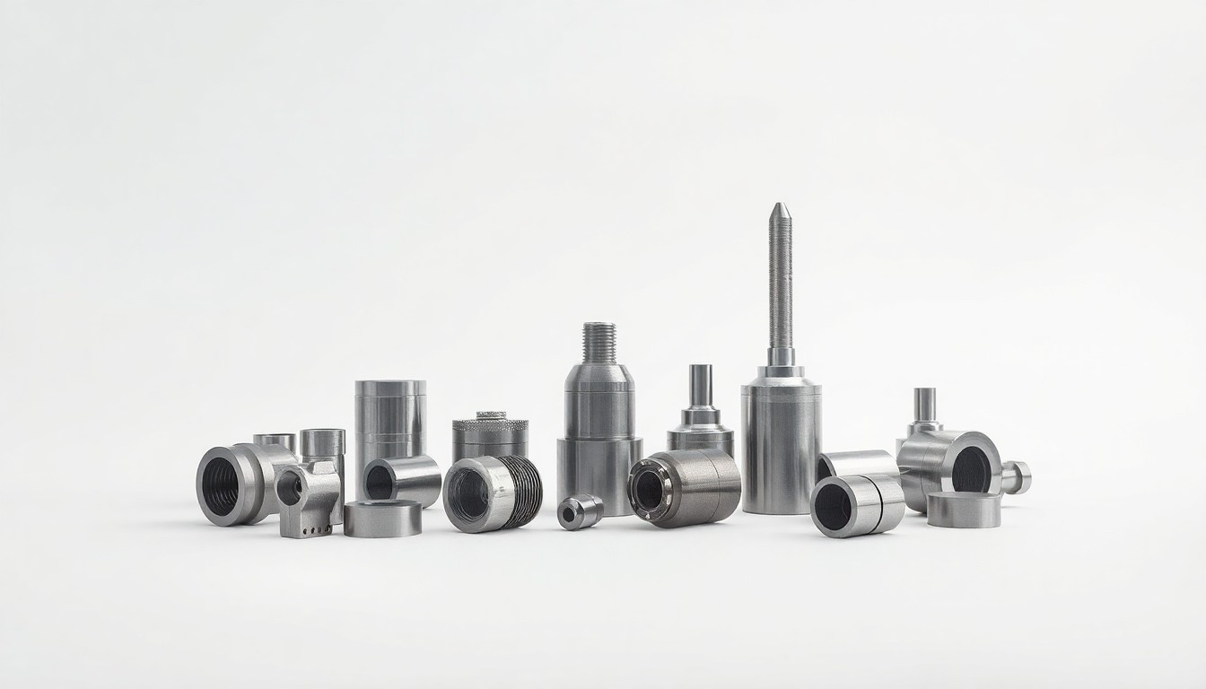 A high-end, photorealistic studio still-life photograph featuring a collection of precision machined aerospace components arranged elegantly on a clean, monochromatic seamless background, using sharp, dramatic studio lighting and deep shadows to represent the technical expertise and attention to detail required in the aerospace manufacturing industry.