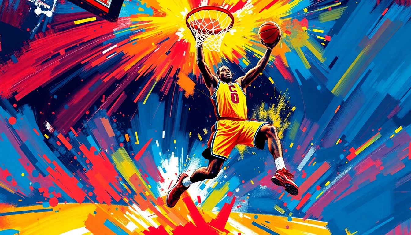 An abstract, energetic painting featuring bold, neon-colored brushstrokes that capture the dynamic motion of a basketball player in action, conveying the anticipation and excitement around an injured player's recovery.